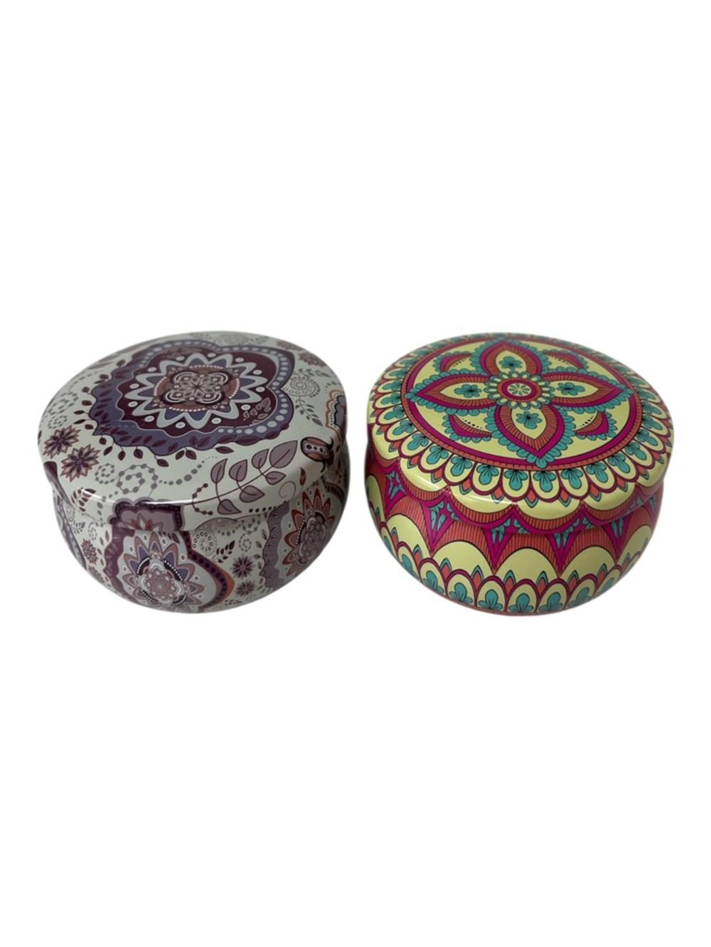 2 Mandala Tin Boho Scented Travel Candles Mango Almond Silver Birch Vanilla NEW
